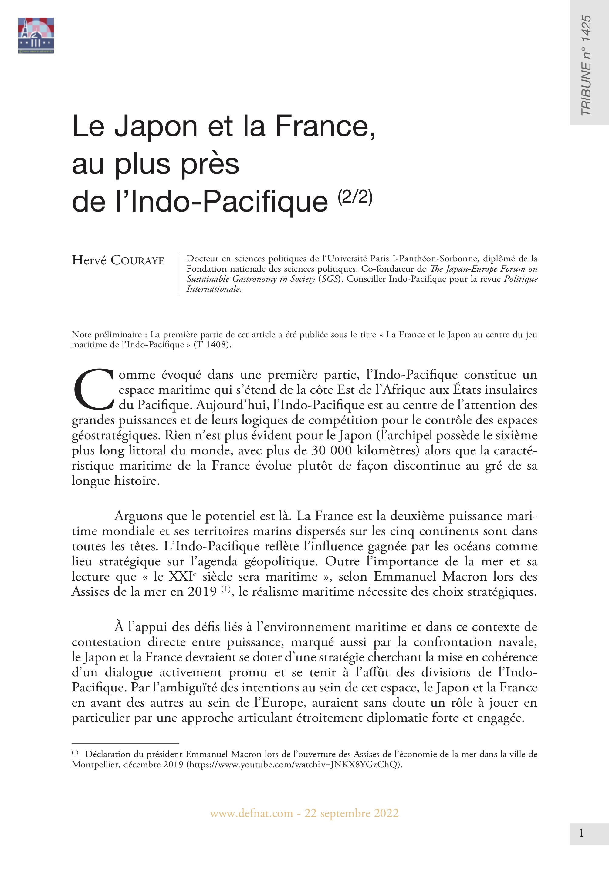 Le Japon et la France, au plus près de l’Indo-Pacifique (2/2) (T 1425)
